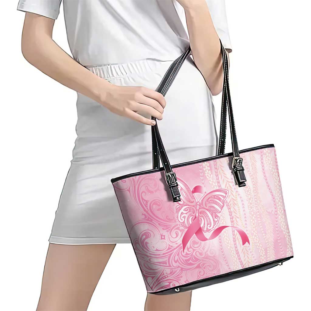 Breast Cancer Awareness Leather Tote Bag Maile Pikake Lokelani Crown Flower Lei Inspired LT9 - Polynesian Pride