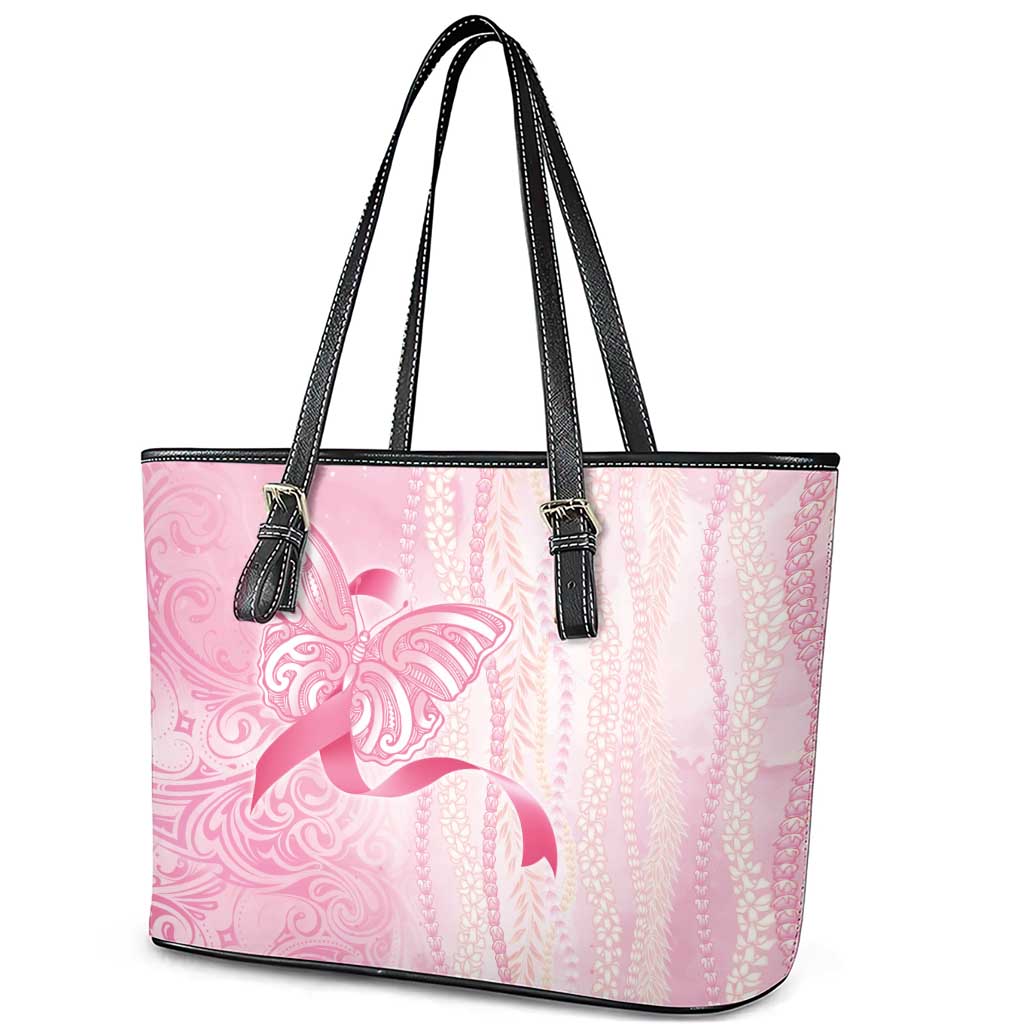 Breast Cancer Awareness Leather Tote Bag Maile Pikake Lokelani Crown Flower Lei Inspired LT9 - Polynesian Pride