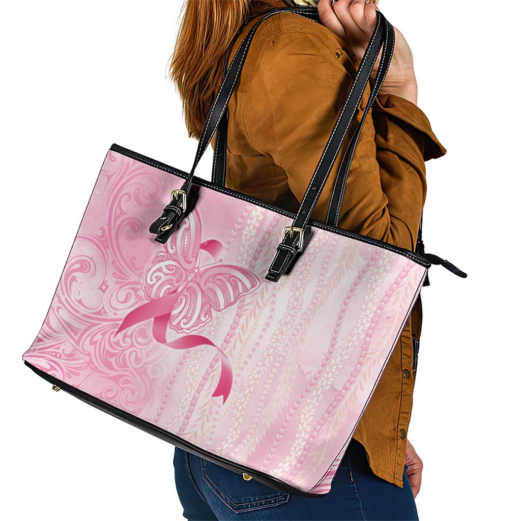 Breast Cancer Awareness Leather Tote Bag Maile Pikake Lokelani Crown Flower Lei Inspired LT9 - Polynesian Pride