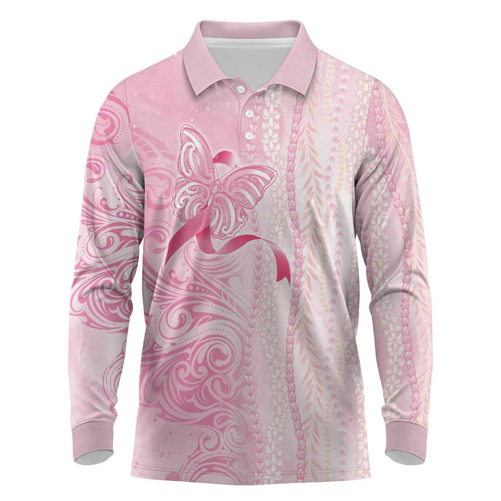 Breast Cancer Awareness Long Sleeve Polo Shirt Maile Pikake Lokelani Crown Flower Lei Inspired