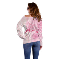 Breast Cancer Awareness Off Shoulder Sweater Maile Pikake Lokelani Crown Flower Lei Inspired