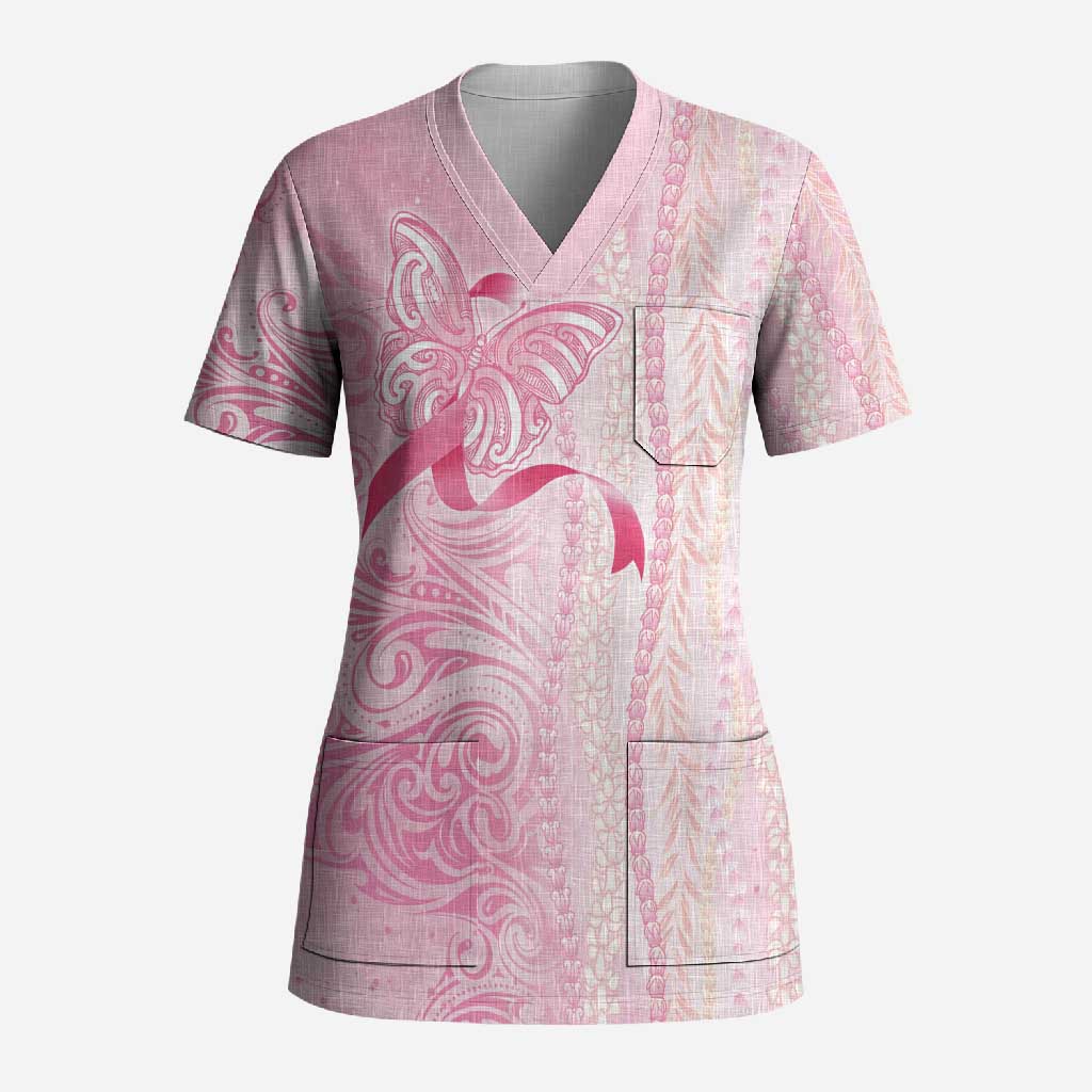Breast Cancer Awareness Scrub Top Maile Pikake Lokelani Crown Flower Lei Inspired LT9 Adult Pink - Polynesian Pride