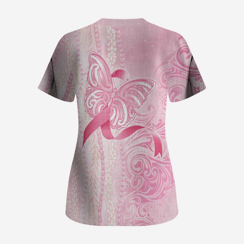 Breast Cancer Awareness Scrub Top Maile Pikake Lokelani Crown Flower Lei Inspired LT9 - Polynesian Pride