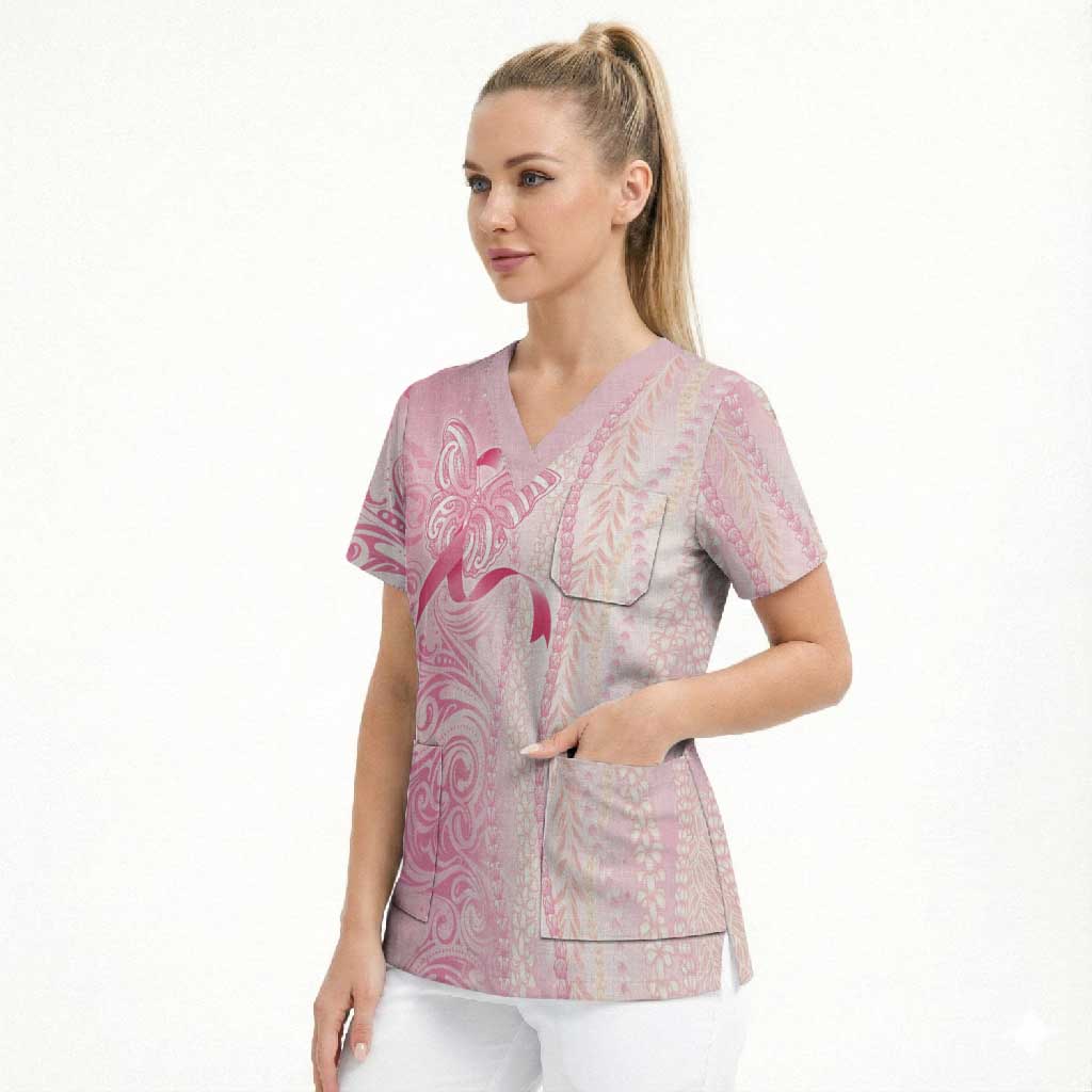Breast Cancer Awareness Scrub Top Maile Pikake Lokelani Crown Flower Lei Inspired LT9 - Polynesian Pride