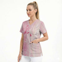 Breast Cancer Awareness Scrub Top Maile Pikake Lokelani Crown Flower Lei Inspired LT9 - Polynesian Pride