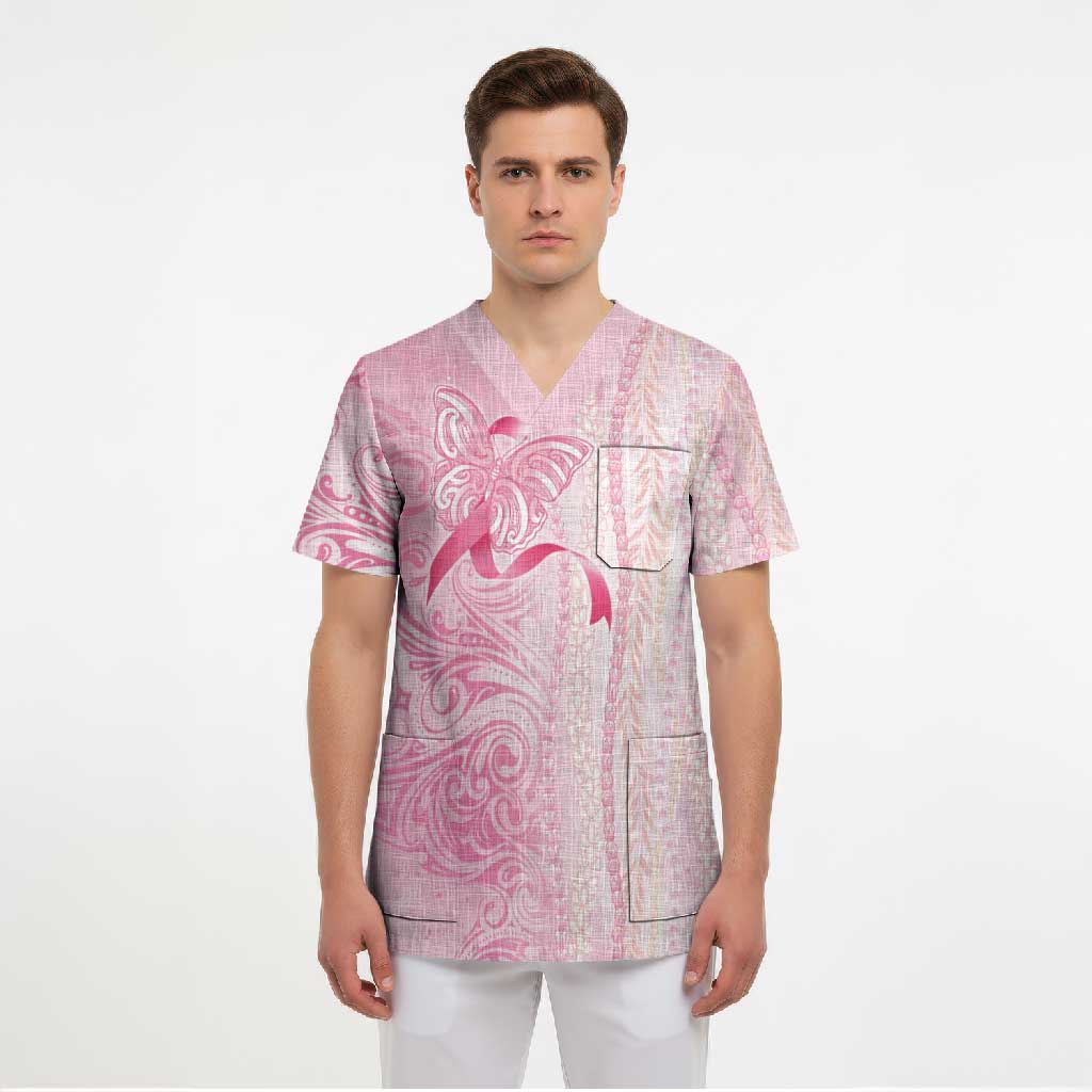 Breast Cancer Awareness Scrub Top Maile Pikake Lokelani Crown Flower Lei Inspired LT9 - Polynesian Pride