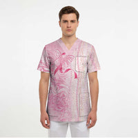 Breast Cancer Awareness Scrub Top Maile Pikake Lokelani Crown Flower Lei Inspired LT9 - Polynesian Pride