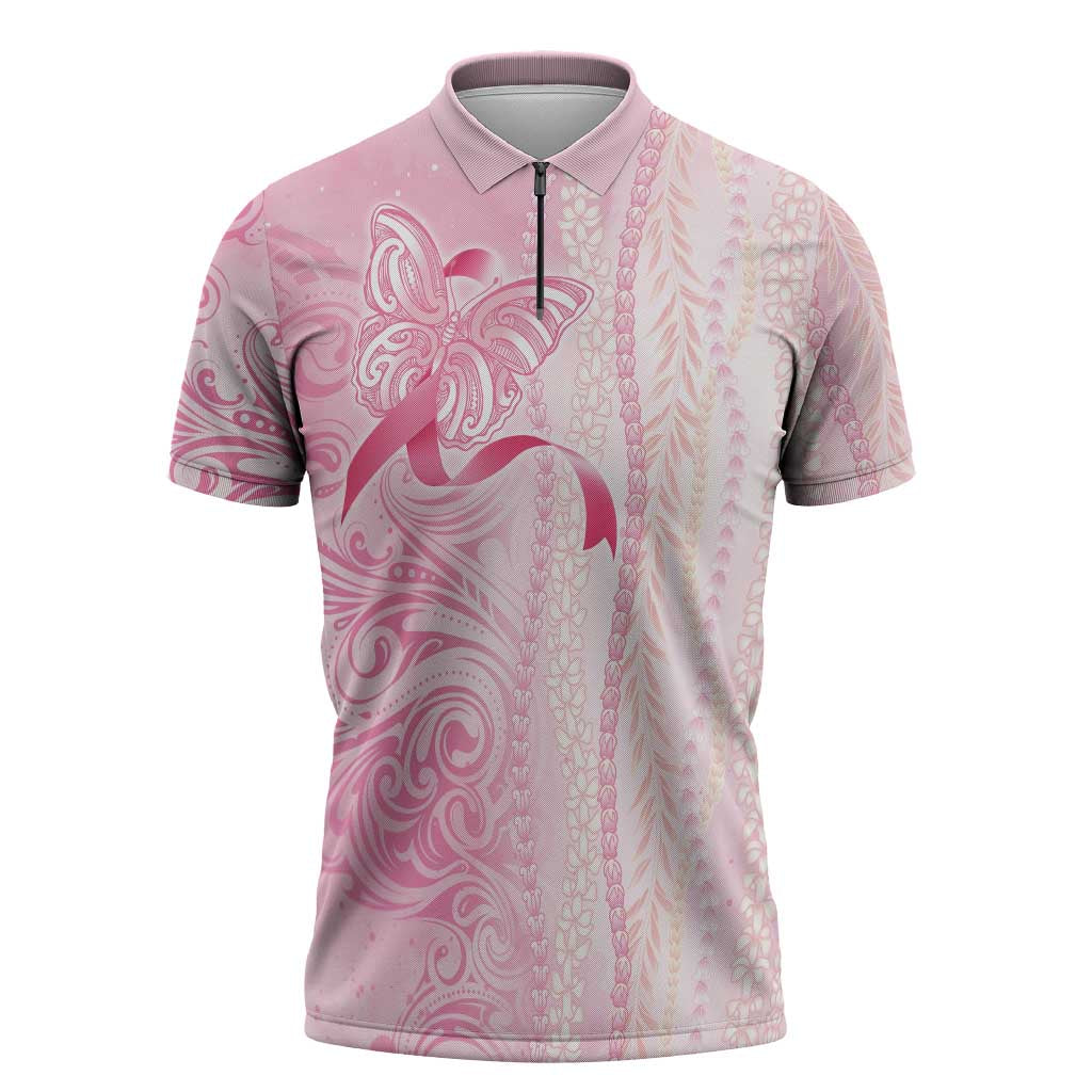 Breast Cancer Awareness Zipper Polo Shirt Maile Pikake Lokelani Crown Flower Lei Inspired LT9 Pink - Polynesian Pride