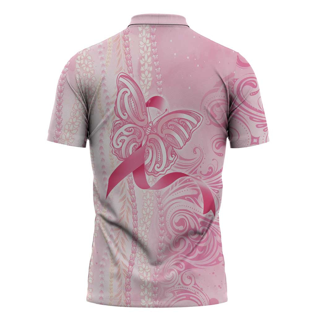 Breast Cancer Awareness Zipper Polo Shirt Maile Pikake Lokelani Crown Flower Lei Inspired LT9 - Polynesian Pride