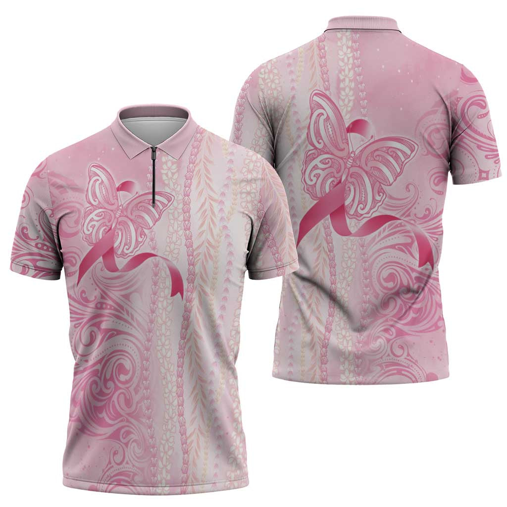Breast Cancer Awareness Zipper Polo Shirt Maile Pikake Lokelani Crown Flower Lei Inspired LT9 - Polynesian Pride