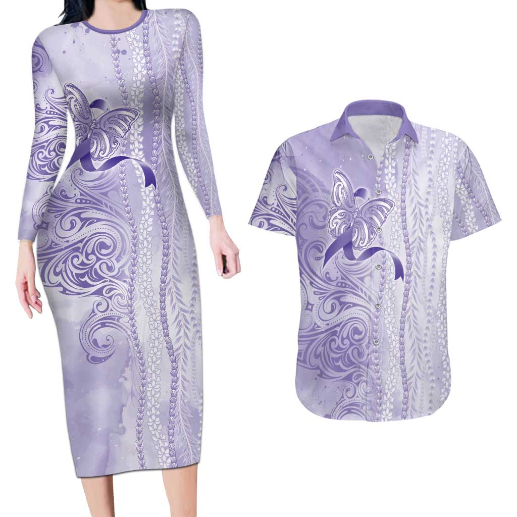 Epilepsy Awareness Couples Matching Long Sleeve Bodycon Dress and Hawaiian Shirt Maile Pikake Lokelani Crown Flower Lei Inspired
