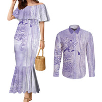 Epilepsy Awareness Couples Matching Mermaid Dress and Long Sleeve Button Shirt Maile Pikake Lokelani Crown Flower Lei Inspired LT9 Purple - Polynesian Pride