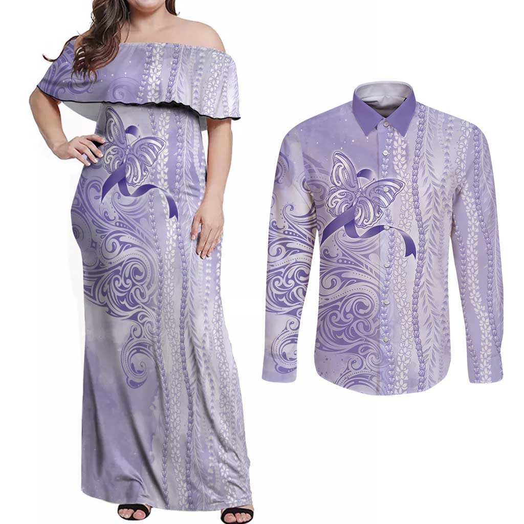 Epilepsy Awareness Couples Matching Off Shoulder Maxi Dress and Long Sleeve Button Shirt Maile Pikake Lokelani Crown Flower Lei Inspired LT9 Purple - Polynesian Pride
