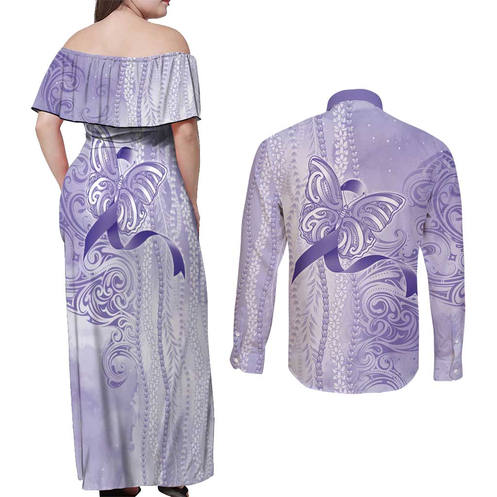Epilepsy Awareness Couples Matching Off Shoulder Maxi Dress and Long Sleeve Button Shirt Maile Pikake Lokelani Crown Flower Lei Inspired LT9 - Polynesian Pride