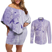 Epilepsy Awareness Couples Matching Off Shoulder Short Dress and Long Sleeve Button Shirt Maile Pikake Lokelani Crown Flower Lei Inspired LT9 Purple - Polynesian Pride