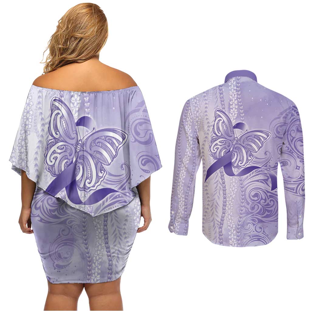 Epilepsy Awareness Couples Matching Off Shoulder Short Dress and Long Sleeve Button Shirt Maile Pikake Lokelani Crown Flower Lei Inspired LT9 - Polynesian Pride