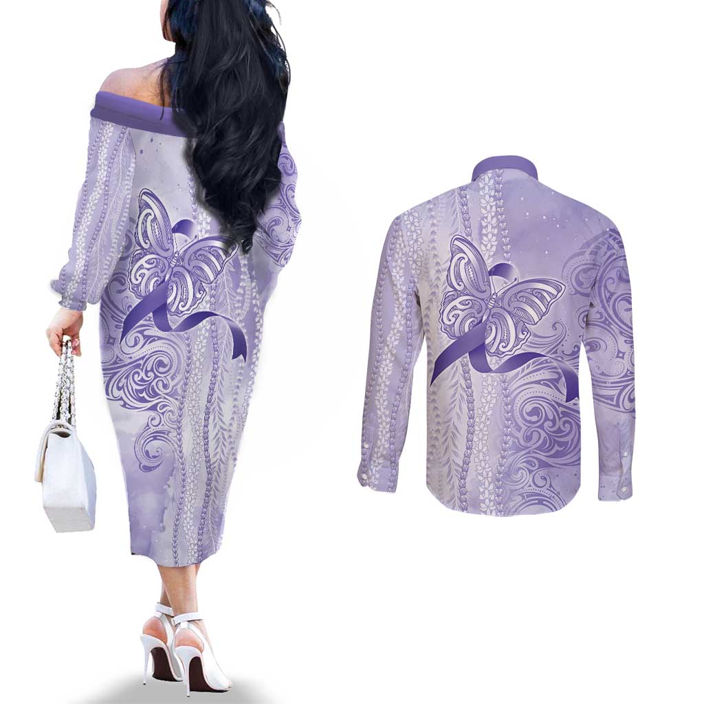 Epilepsy Awareness Couples Matching Off The Shoulder Long Sleeve Dress and Long Sleeve Button Shirt Maile Pikake Lokelani Crown Flower Lei Inspired LT9 - Polynesian Pride