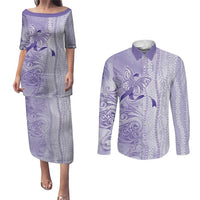 Epilepsy Awareness Couples Matching Puletasi and Long Sleeve Button Shirt Maile Pikake Lokelani Crown Flower Lei Inspired LT9 Purple - Polynesian Pride
