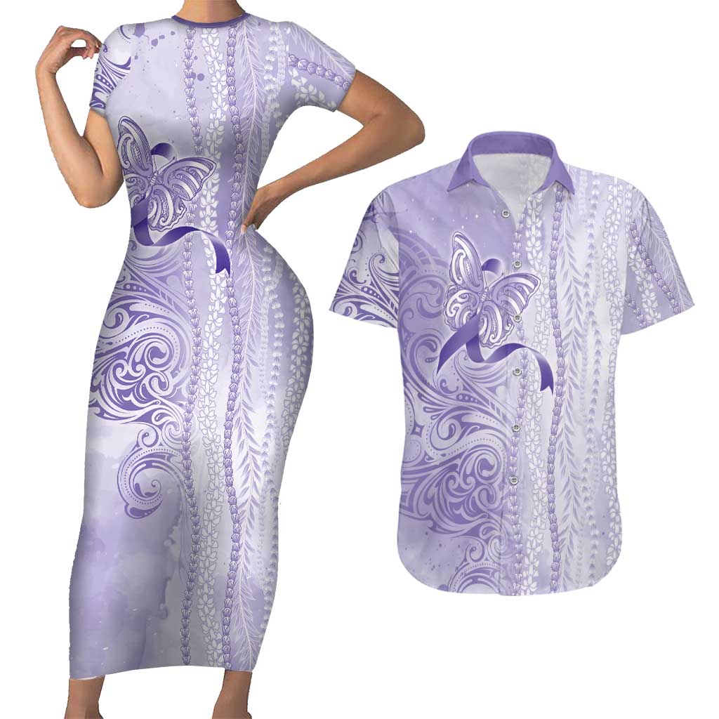 Epilepsy Awareness Couples Matching Short Sleeve Bodycon Dress and Hawaiian Shirt Maile Pikake Lokelani Crown Flower Lei Inspired