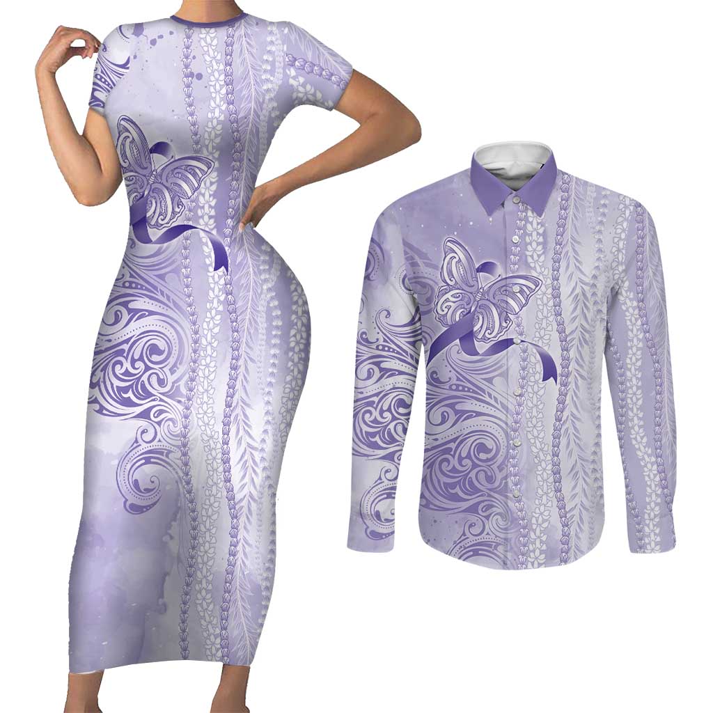 Epilepsy Awareness Couples Matching Short Sleeve Bodycon Dress and Long Sleeve Button Shirt Maile Pikake Lokelani Crown Flower Lei Inspired LT9 Purple - Polynesian Pride