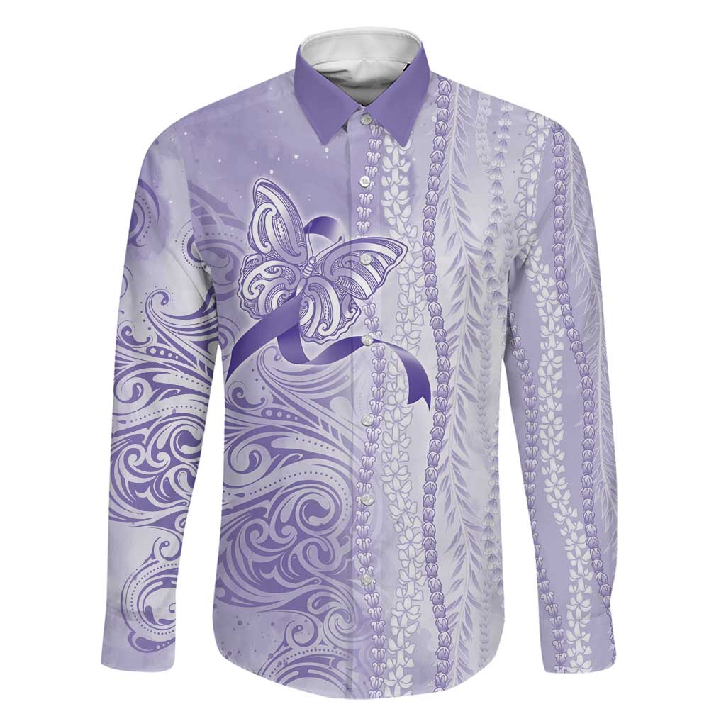 Epilepsy Awareness Family Matching Off The Shoulder Long Sleeve Dress and Hawaiian Shirt Maile Pikake Lokelani Crown Flower Lei Inspired LT9 Dad's Shirt - Long Sleeve Purple - Polynesian Pride