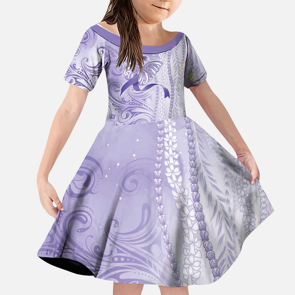 Epilepsy Awareness Kid Short Sleeve Dress Maile Pikake Lokelani Crown Flower Lei Inspired