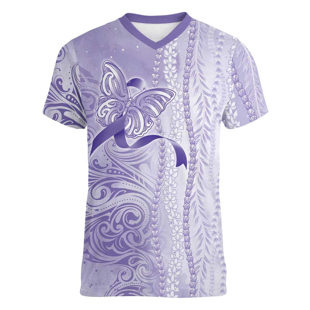Epilepsy Awareness Women V-Neck T-Shirt Maile Pikake Lokelani Crown Flower Lei Inspired LT9 Female Purple - Polynesian Pride