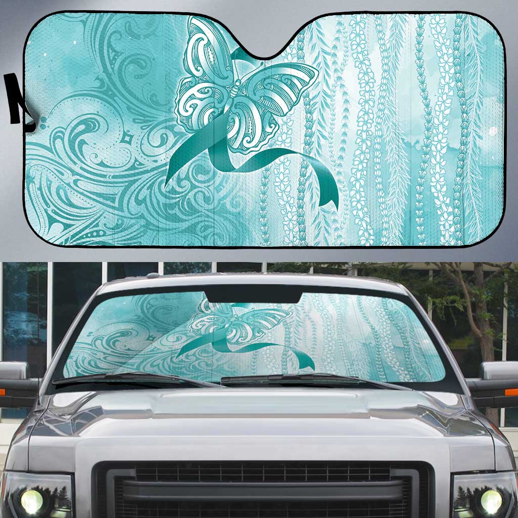 PTSD Awareness Auto Sun Shade Maile Pikake Lokelani Crown Flower Lei Inspired LT9 Teal - Polynesian Pride