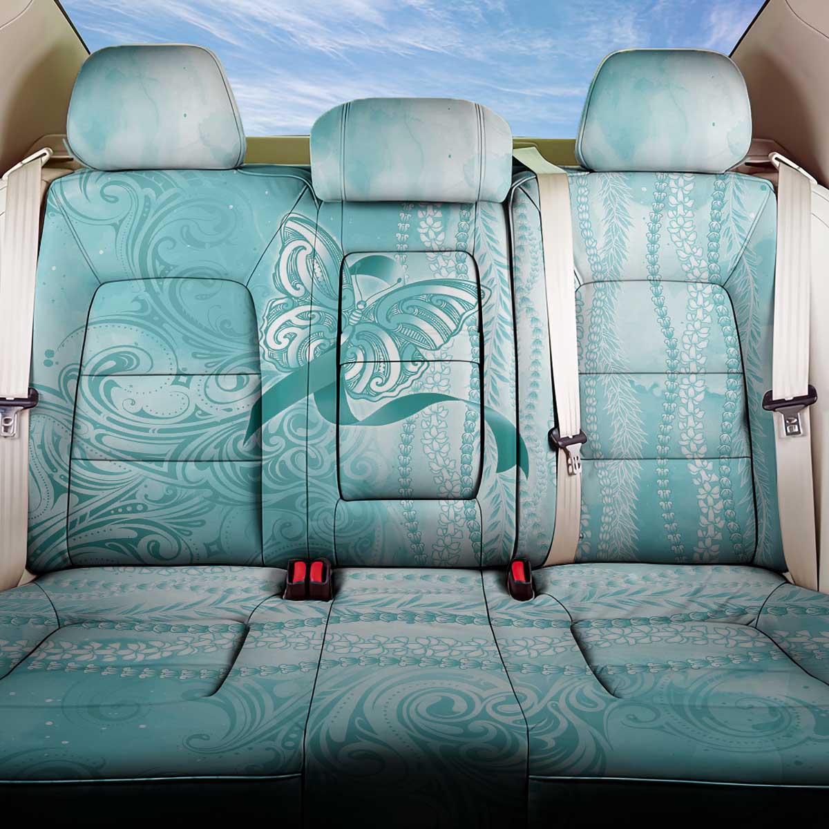PTSD Awareness Back Car Seat Cover Maile Pikake Lokelani Crown Flower Lei Inspired LT9 One Size Teal - Polynesian Pride