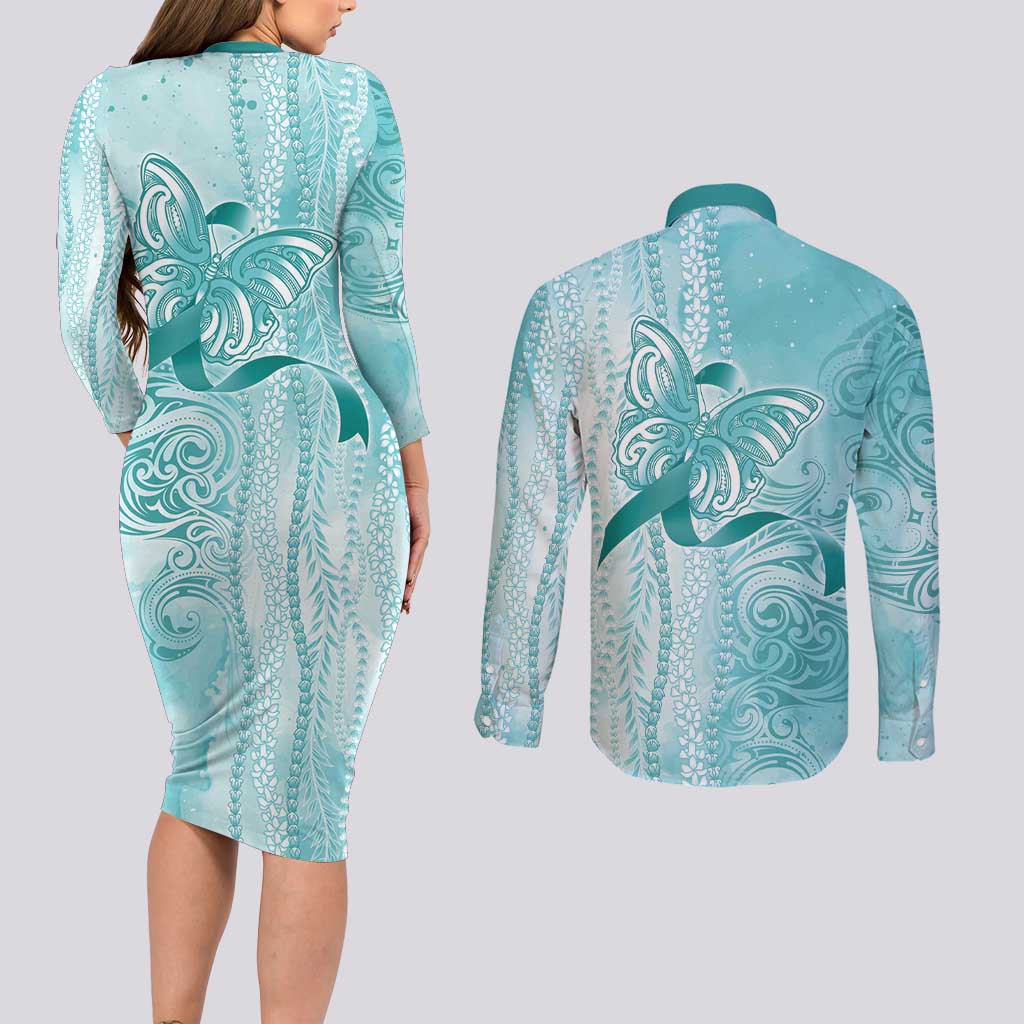 PTSD Awareness Couples Matching Long Sleeve Bodycon Dress and Long Sleeve Button Shirt Maile Pikake Lokelani Crown Flower Lei Inspired LT9 - Polynesian Pride