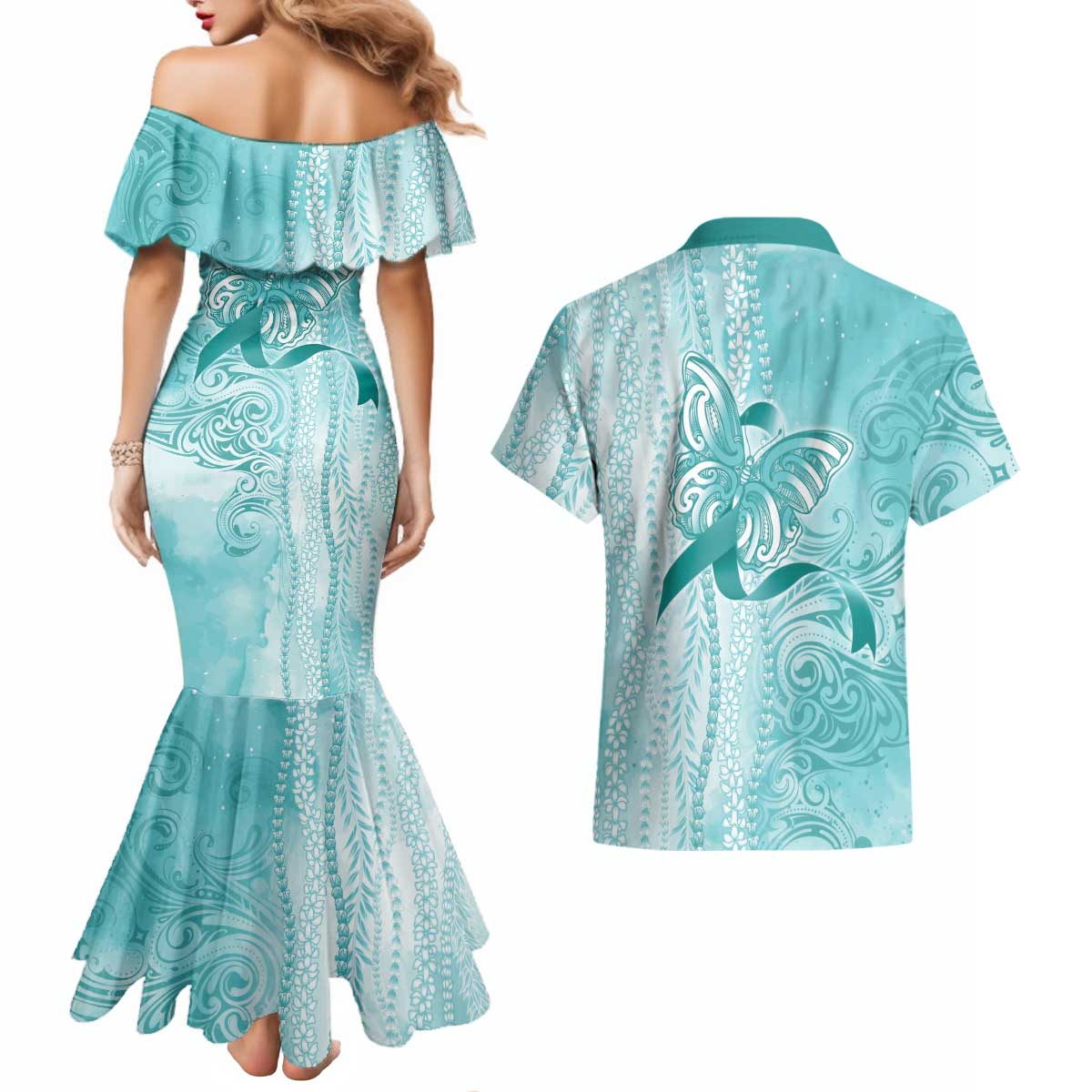 PTSD Awareness Couples Matching Mermaid Dress and Hawaiian Shirt Maile Pikake Lokelani Crown Flower Lei Inspired