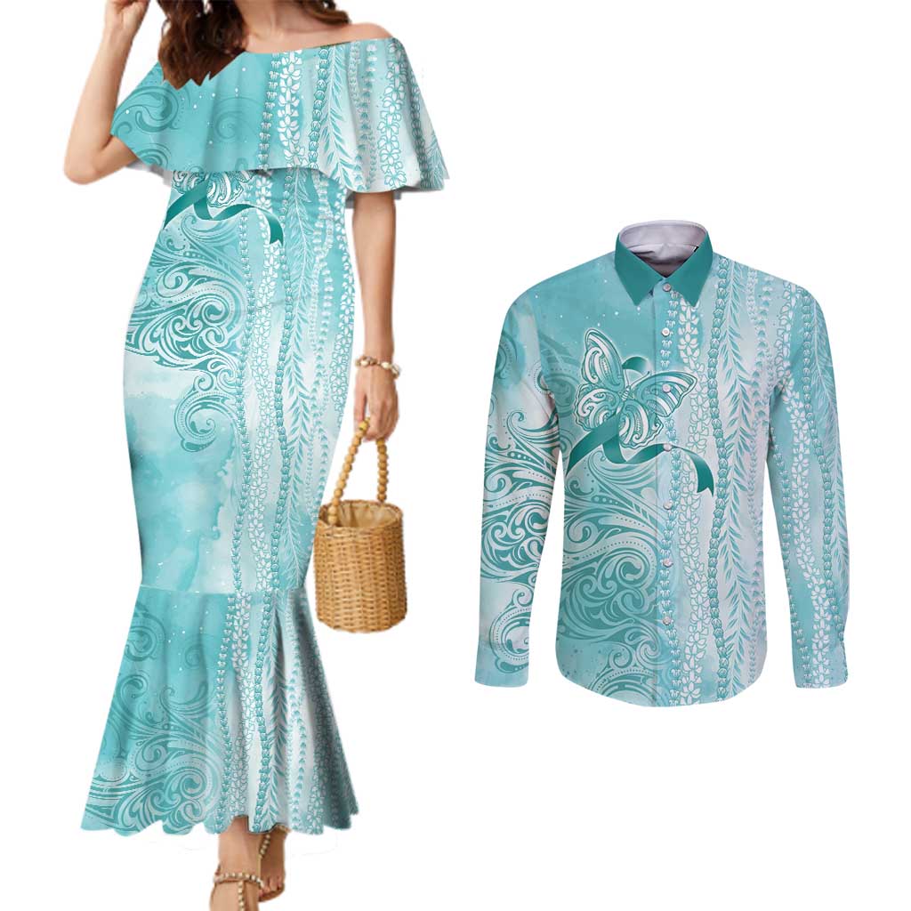 PTSD Awareness Couples Matching Mermaid Dress and Long Sleeve Button Shirt Maile Pikake Lokelani Crown Flower Lei Inspired LT9 Teal - Polynesian Pride