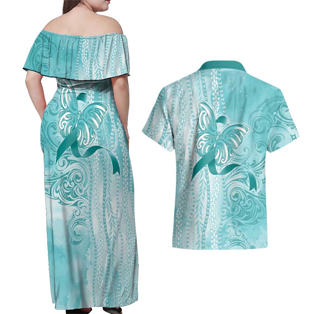 PTSD Awareness Couples Matching Off Shoulder Maxi Dress and Hawaiian Shirt Maile Pikake Lokelani Crown Flower Lei Inspired LT9 - Polynesian Pride