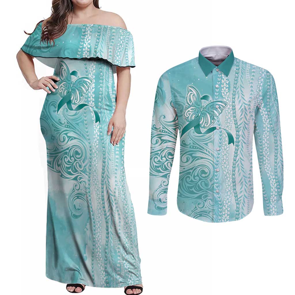 PTSD Awareness Couples Matching Off Shoulder Maxi Dress and Long Sleeve Button Shirt Maile Pikake Lokelani Crown Flower Lei Inspired LT9 Teal - Polynesian Pride