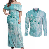 PTSD Awareness Couples Matching Off Shoulder Maxi Dress and Long Sleeve Button Shirt Maile Pikake Lokelani Crown Flower Lei Inspired LT9 Teal - Polynesian Pride