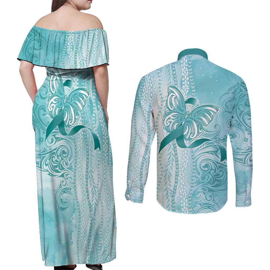 PTSD Awareness Couples Matching Off Shoulder Maxi Dress and Long Sleeve Button Shirt Maile Pikake Lokelani Crown Flower Lei Inspired LT9 - Polynesian Pride