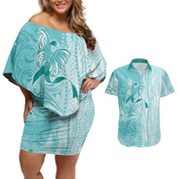 PTSD Awareness Couples Matching Off Shoulder Short Dress and Hawaiian Shirt Maile Pikake Lokelani Crown Flower Lei Inspired LT9 Teal - Polynesian Pride
