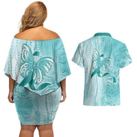 PTSD Awareness Couples Matching Off Shoulder Short Dress and Hawaiian Shirt Maile Pikake Lokelani Crown Flower Lei Inspired LT9 - Polynesian Pride