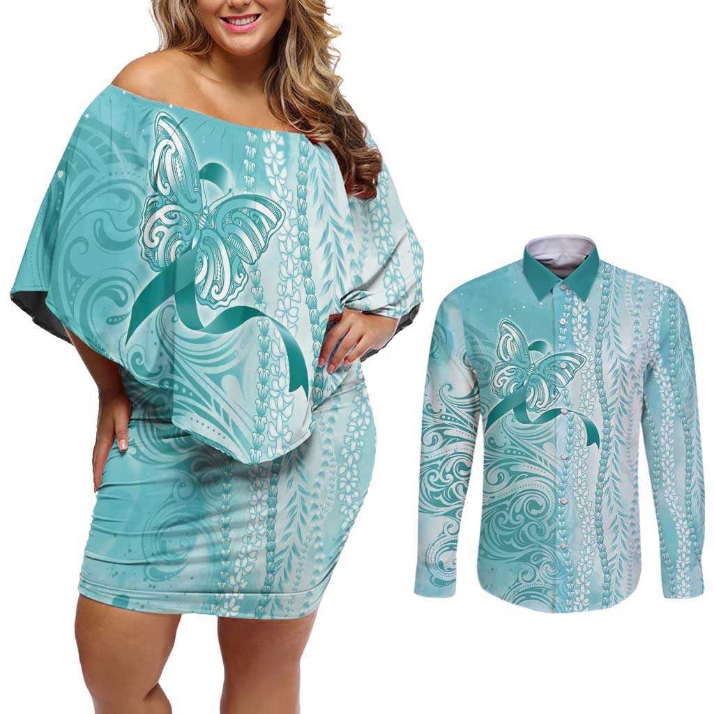 PTSD Awareness Couples Matching Off Shoulder Short Dress and Long Sleeve Button Shirt Maile Pikake Lokelani Crown Flower Lei Inspired LT9 Teal - Polynesian Pride