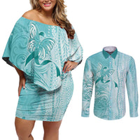 PTSD Awareness Couples Matching Off Shoulder Short Dress and Long Sleeve Button Shirt Maile Pikake Lokelani Crown Flower Lei Inspired LT9 Teal - Polynesian Pride