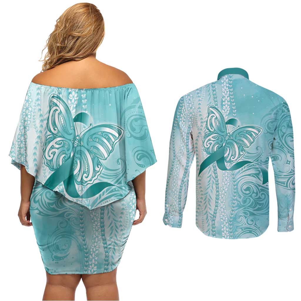 PTSD Awareness Couples Matching Off Shoulder Short Dress and Long Sleeve Button Shirt Maile Pikake Lokelani Crown Flower Lei Inspired LT9 - Polynesian Pride