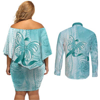 PTSD Awareness Couples Matching Off Shoulder Short Dress and Long Sleeve Button Shirt Maile Pikake Lokelani Crown Flower Lei Inspired LT9 - Polynesian Pride