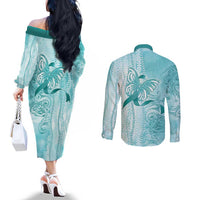 PTSD Awareness Couples Matching Off The Shoulder Long Sleeve Dress and Long Sleeve Button Shirt Maile Pikake Lokelani Crown Flower Lei Inspired LT9 - Polynesian Pride