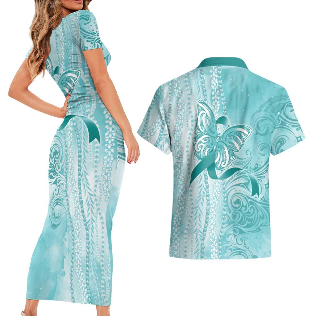 PTSD Awareness Couples Matching Short Sleeve Bodycon Dress and Hawaiian Shirt Maile Pikake Lokelani Crown Flower Lei Inspired