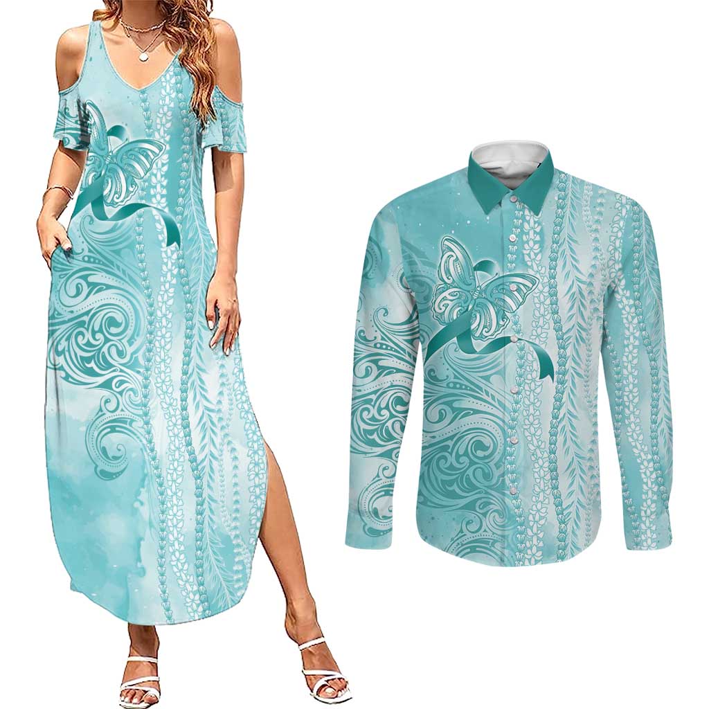 PTSD Awareness Couples Matching Summer Maxi Dress and Long Sleeve Button Shirt Maile Pikake Lokelani Crown Flower Lei Inspired LT9 Teal - Polynesian Pride