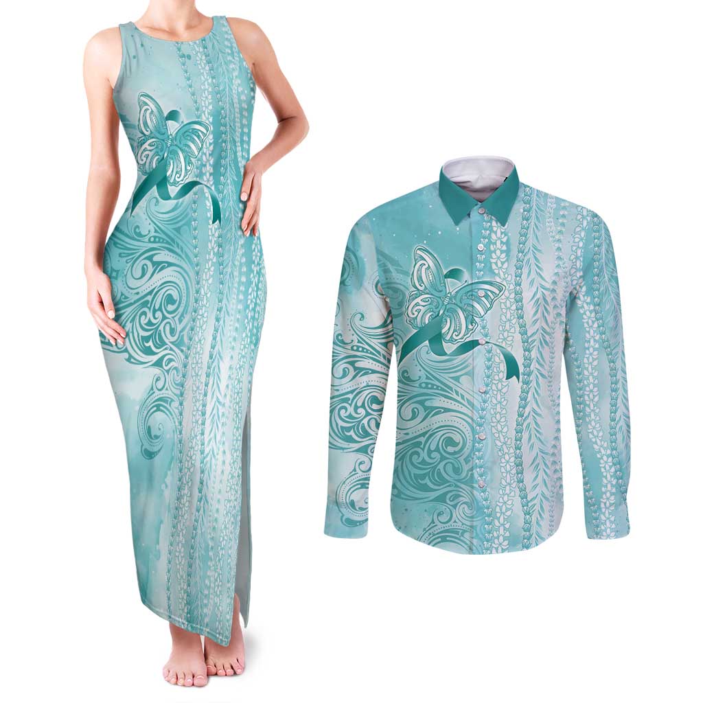 PTSD Awareness Couples Matching Tank Maxi Dress and Long Sleeve Button Shirt Maile Pikake Lokelani Crown Flower Lei Inspired LT9 Teal - Polynesian Pride