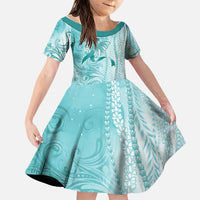 PTSD Awareness Family Matching Short Sleeve Bodycon Dress and Hawaiian Shirt Maile Pikake Lokelani Crown Flower Lei Inspired LT9 Daughter's Dress Teal - Polynesian Pride