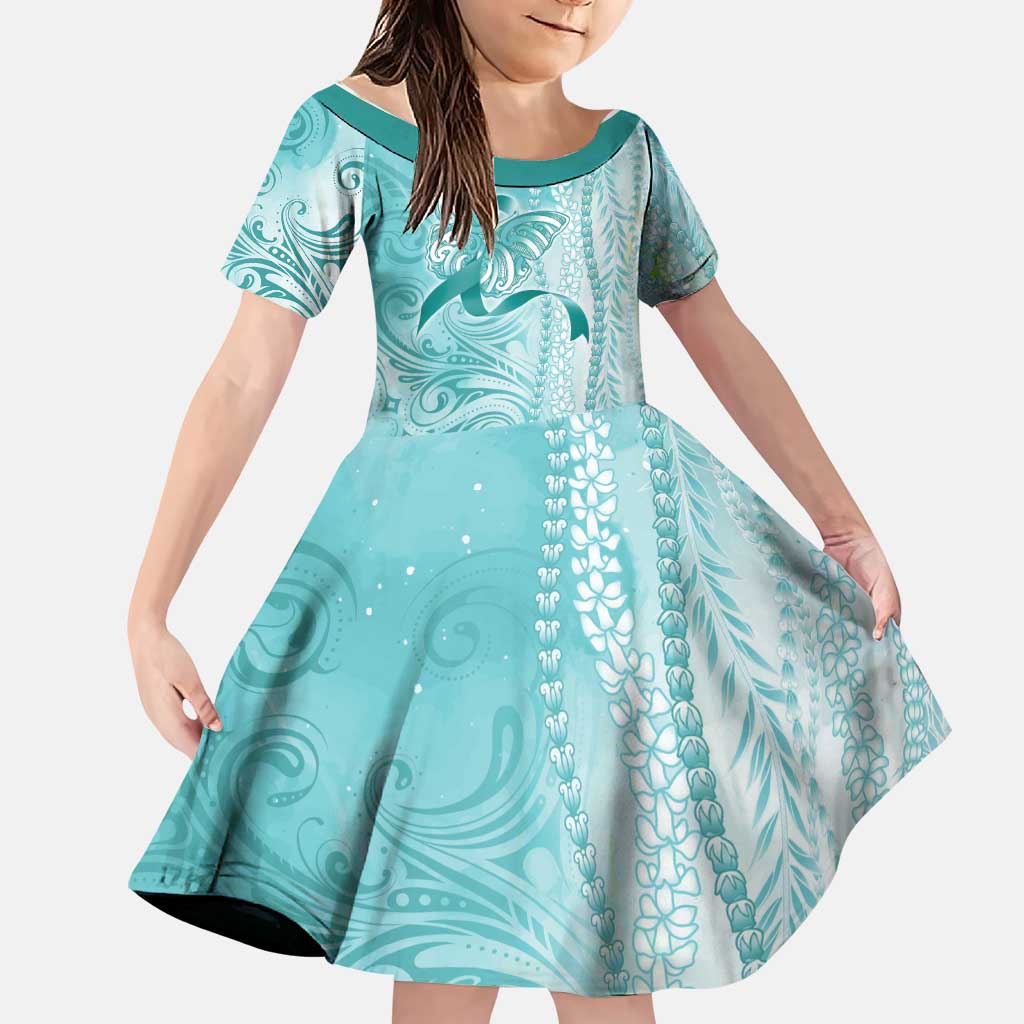 PTSD Awareness Family Matching Summer Maxi Dress and Hawaiian Shirt Maile Pikake Lokelani Crown Flower Lei Inspired LT9 Daughter's Dress Teal - Polynesian Pride