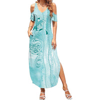 PTSD Awareness Family Matching Summer Maxi Dress and Hawaiian Shirt Maile Pikake Lokelani Crown Flower Lei Inspired LT9 Mom's Dress Teal - Polynesian Pride
