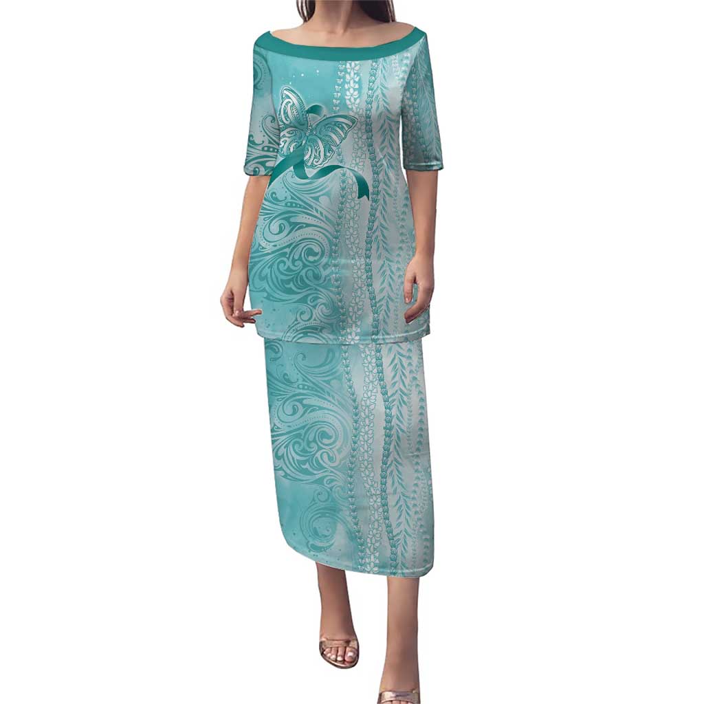 PTSD Awareness Puletasi Maile Pikake Lokelani Crown Flower Lei Inspired LT9 Long Dress Teal - Polynesian Pride